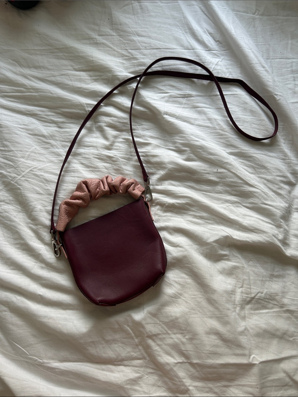 Handmade Women's Burgundy Crossbody Bag with Pink Scrunch Handle